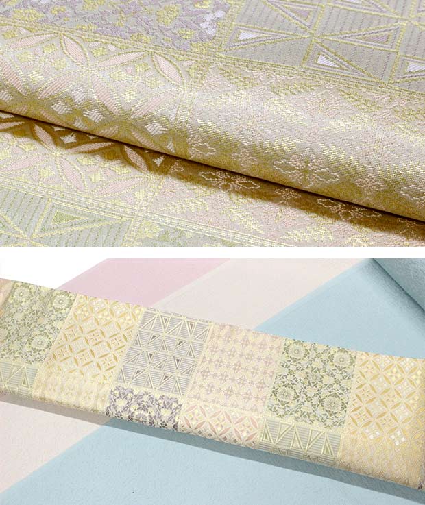 断*中様 袋帯　正絹　美品 正絹 袋帯 西陣織 箔屋清兵衛 横段4色／優美吉祥紋 skobi22【色無地