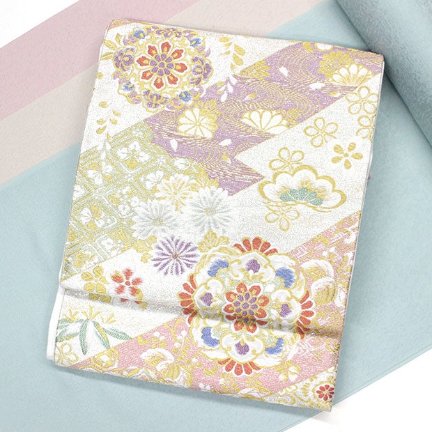 西陣織 おしゃれ袋帯 No.03 華紋調 正絹 仕立て込 新品 送料込 ○【都（みやこ）】 正絹西陣織袋帯 「立菱華映文・金」 フォーマルの