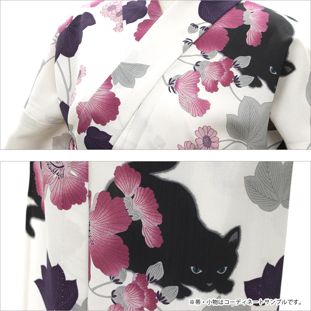 撫松庵 洗えるプレタ浴衣芙蓉と猫/ベージュ/セオα | 東レシルック