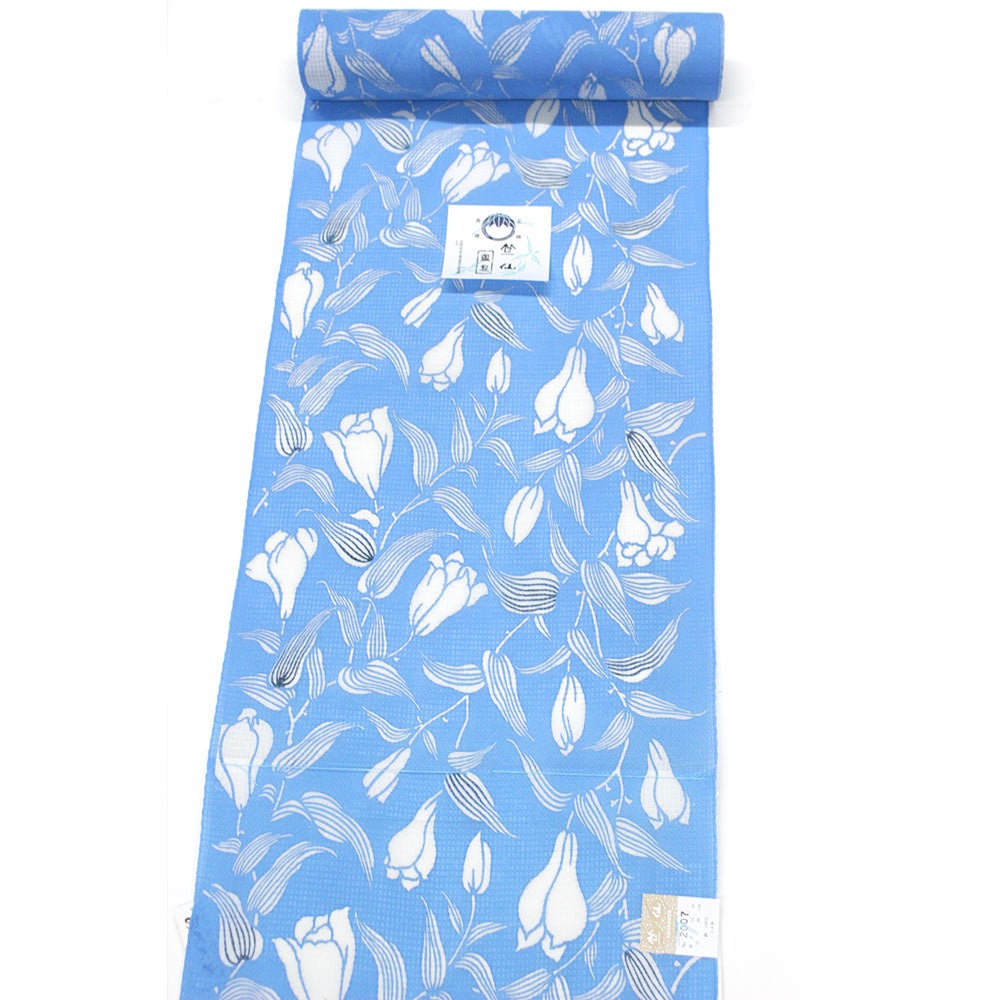 新品 竺仙 流水に鯉 仕立て上がり 夏着物 仕付糸付 綿紅梅 高級浴衣 6219 竺仙ゆかた】松煙染ゆかた/綿紅梅 水色/百合のつぼみ | 東レシルック