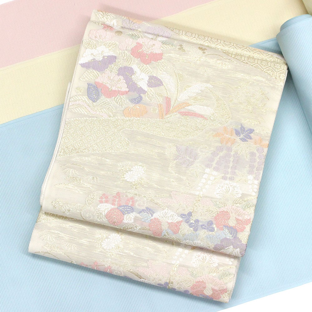正絹・夏袋帯 六通柄／ベージュ 花尽くし skobi-s14【西陣織】【送料